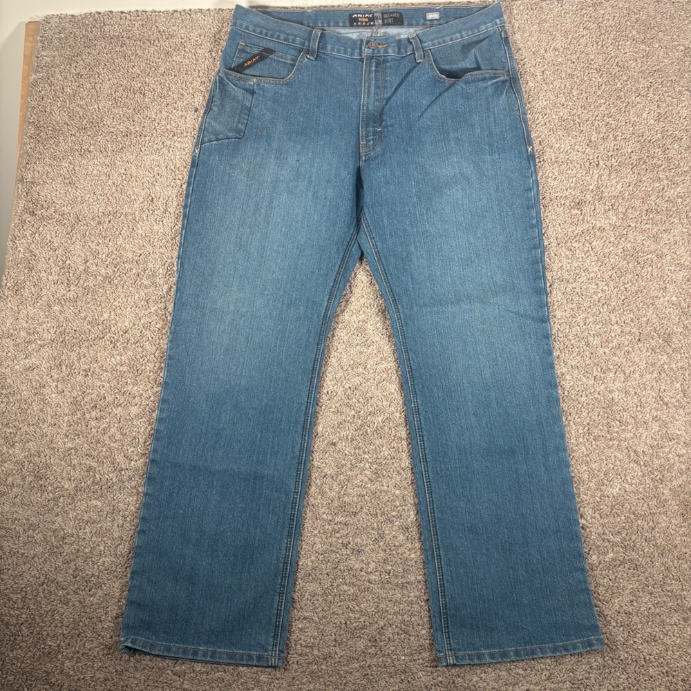 Ariat Rebar M4 Relaxed Boot Cut Jeans Mens 38x32 Medium Wash Blue Denim Workwear